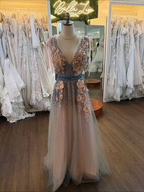Pink & Blue Floral Appliqué Tulle Gown